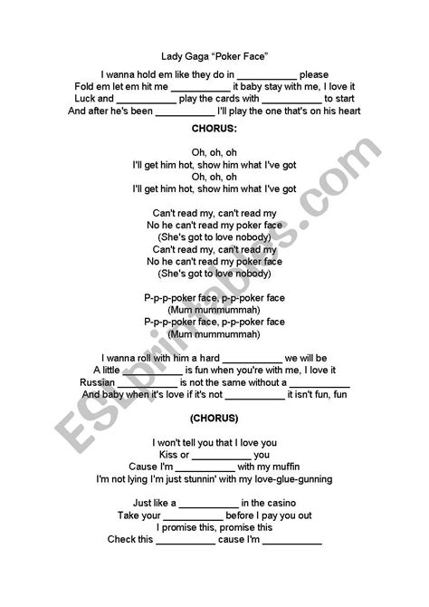 poker face lyrics gaps lady gaga - ESL worksheet by sesylwia