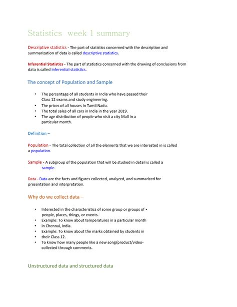 Statistics Notes Statistics Week Summary Descriptive