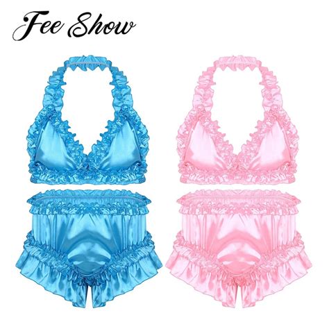 Feeshow Mens Sissy Soft Satin Frilly Ruffled Erotic Lingerie Set Halter