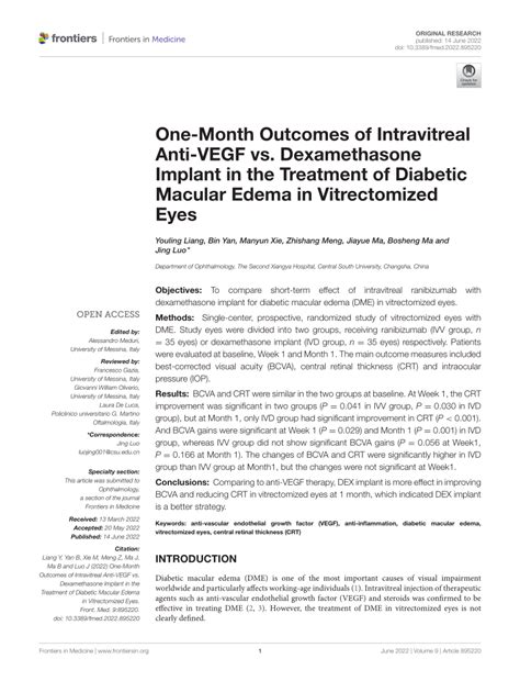 Pdf One Month Outcomes Of Intravitreal Anti Vegf Vs Dexamethasone Implant In The Treatment Of