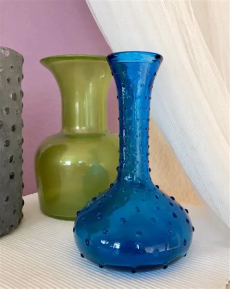 MID CENTURY JAHRE Vase Blumenvase Glasvase Glas Blau Noppen Space Age