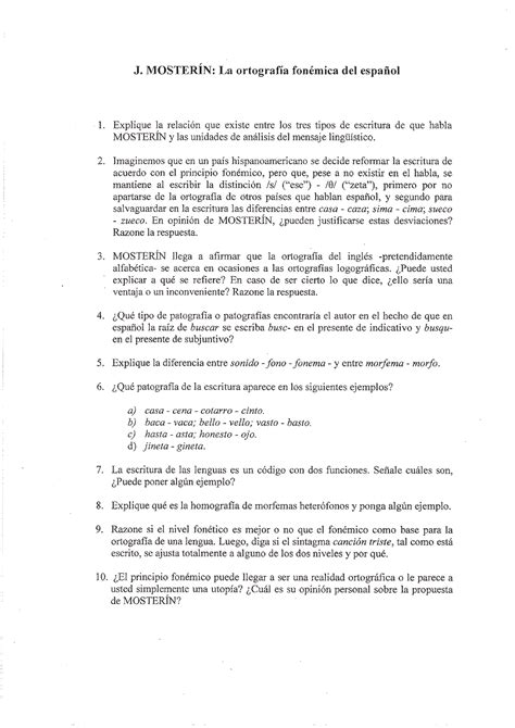 Cuestionario Mosterín J Mosterjn La Ortografia Fonémica Del Espaﬁol Explique La Lelacién