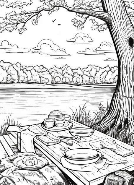 Premium AI Image | a drawing of a picnic table with a picnic basket and ...