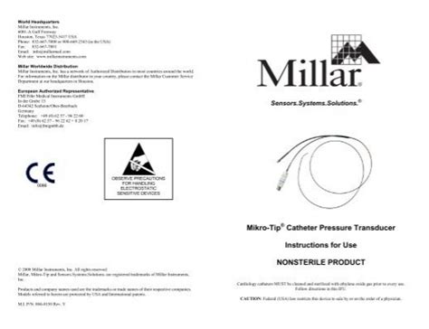 Mikro Tip Catheter Pressure Transducer Instructions For Use Millar