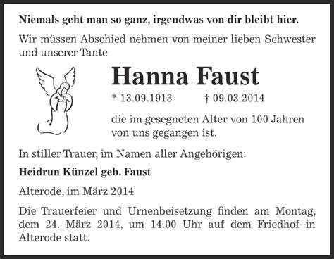 Traueranzeigen Von Hanna Faust Abschied Nehmen De