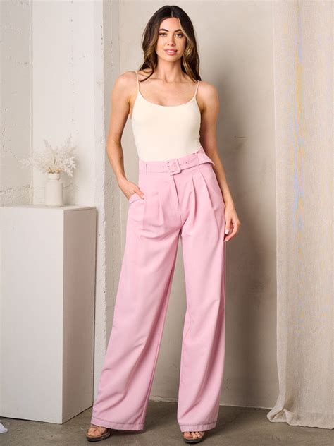 Womens Front Belt Pleated Pockets Wide Leg Pants