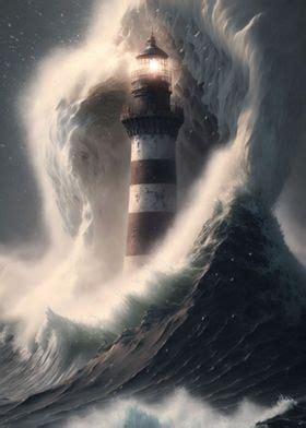 'Lighthouse in huge storm' Poster, picture, metal print, paint by Absuro Designs | Displate ...