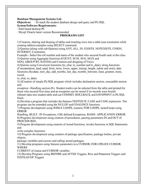 DBMS Lab Manual Database Management Systems Lab Objectives To