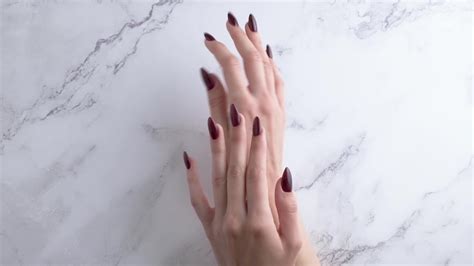 hermosas manos de una mujer joven con manicura roja oscura en las uñas