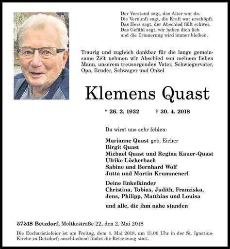 Traueranzeigen Von Klemens Quast Rz Trauer De