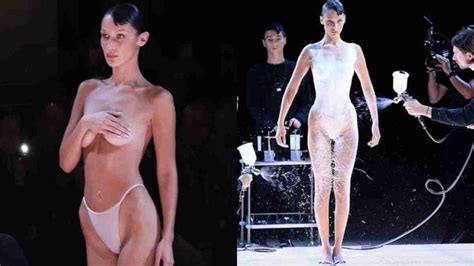 Topless Bella Hadid Gets Spray On Dress On Runway