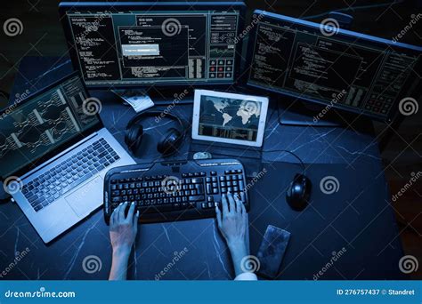 Close Up Top View Of Female Hacker Hands Typing On Keyboard Stock