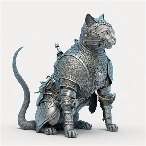 Premium Photo | Kneeling cat knight in white background