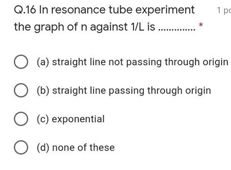 Q 16 In Resonance Tube Experiment 1p The Graph Of N Against 1 L Is Filo