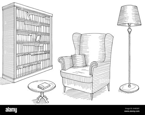 Library Interior Graphic Black White Sketch Isolated Illustration