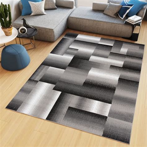 Tapiso Tapis Salon Poil Court Maya Noir Gris Blanc G Om Trique