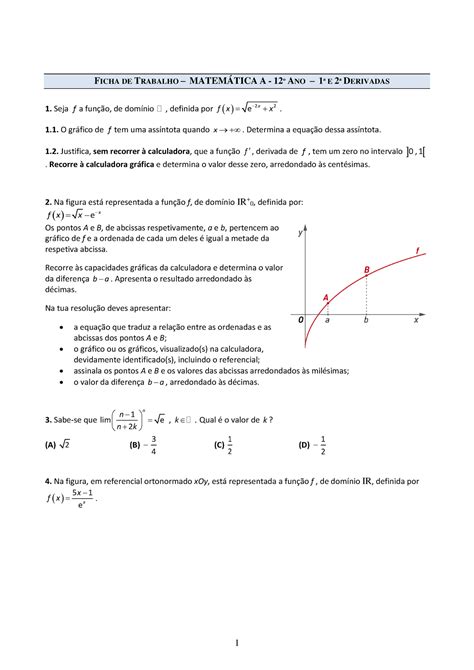 12º Fun 1 2 Deriv 1 Ficha De Trabalho MatemÁtica A 12 º Ano 1 ª