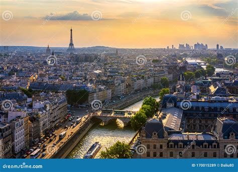 Panoramic Aerial View Of Paris Eiffel Tower And La Defense Business