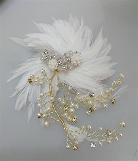 Gold Bridal White Feather With Flowers Rhinestones and Faux - Etsy