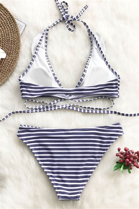 Purple And White Stripe Bikini Set