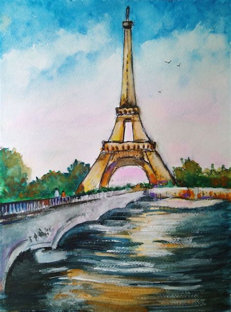 Eiffelturm In Paris Baum Aquarell Aquarellmalerei Aquarell