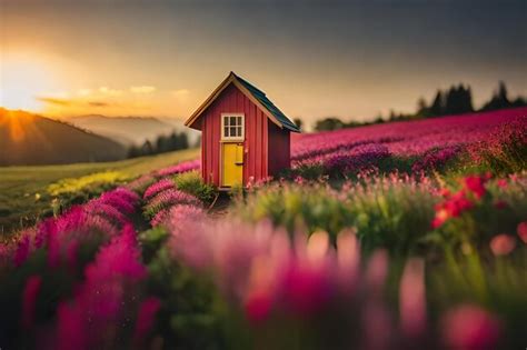 Un Campo De Flores Con Una Puerta Roja Y Una Puerta Amarilla En El