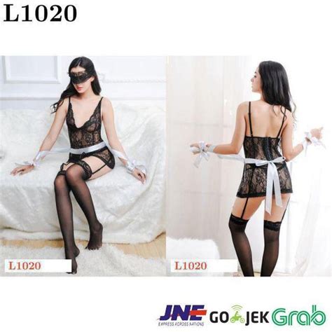 Jual L1020 Lingerie Chemise Hitam Transparan Pengait 3 Baris Tali Ikat