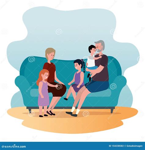 Old Woman and Man with Their Granddaughters and Grandson Stock