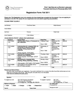 Fillable Online Uwinnipeg ESLTCP PT Registration Form Fall 2011 Old