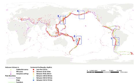 The 2D map of the earthquake and volcano locations showing the areas of ...