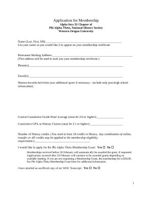 Phi Alpha Theta Membership Application Doc Template Pdffiller