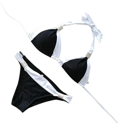 Black White Bikini Swimsuit Women Push Up Low Waist Halter Biquini