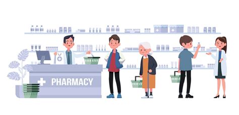 Pharmacy With Pharmacist And Client In Counter Drugstore Cartoon