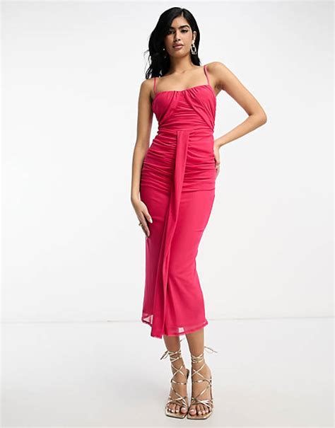 Asos Design Cami Ruched Mesh Midi Dress In Raspberry Asos