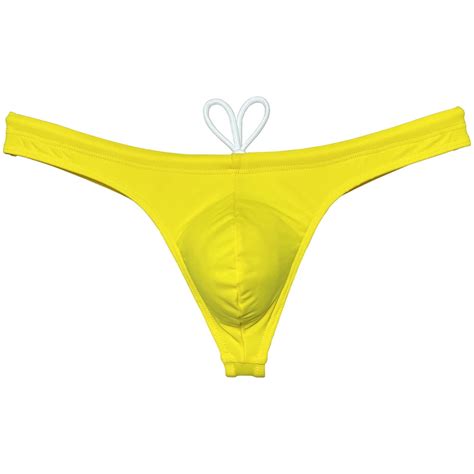 Botmois Men Solid Swim Thong Nylon Swimwear Pouch Bikini Swimsuit T Back Bikini Yellow M