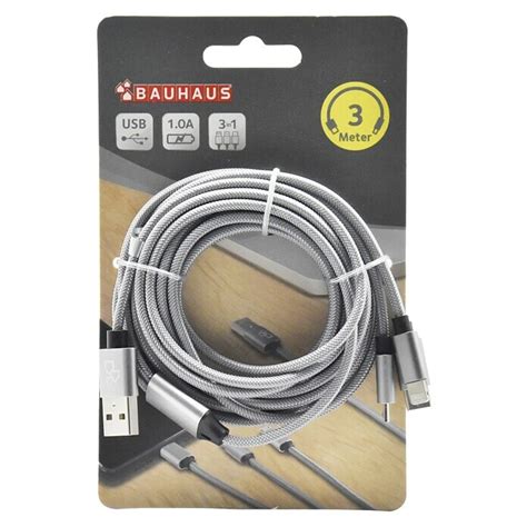 BAUHAUS USB kabel za punjenje Srebrne boje 3 m Utikač USB A utikač