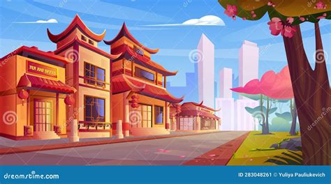 Chinese Street with Restaurant Building in Town Stock Vector - Illustration of vintage ...