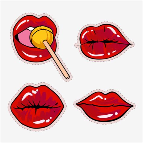 Hot Red Lips Sexy And Sensual Kiss Sticker Character Design Set Art Badge Badges PNG And