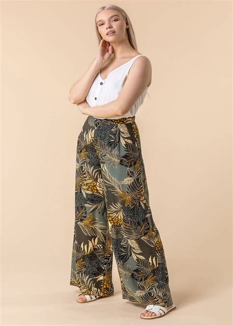 Roman Green Tropical Print Elastic Waist Wide Leg Trouser Matalan