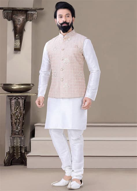 White Men S Kurta Pajama With Embroidered Jacket Men 845MW54