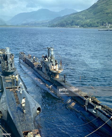 View of Royal Navy submarines of the 3rd Flotilla or Squadron docked ...