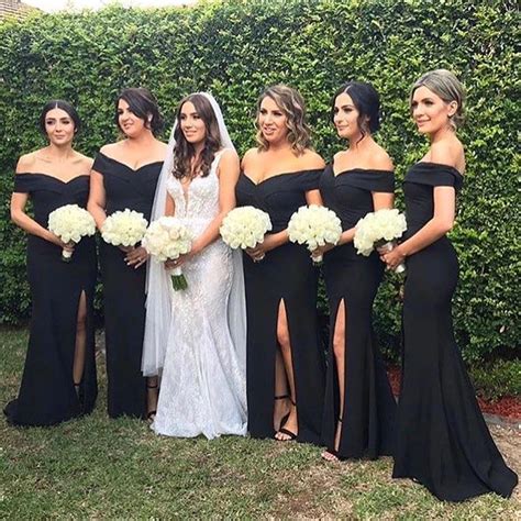 Black Mermaid Bridesmaid Dresses 2019 Boat Neck Side Split Simple Satin