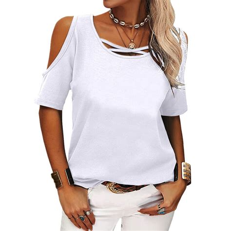 Frauen Kalte Schulter T Shirt Kurzarm Tops Casual Einfarbig Sommer Neue