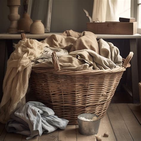 Um cesto de roupa suja está sobre um piso de madeira um pano branco