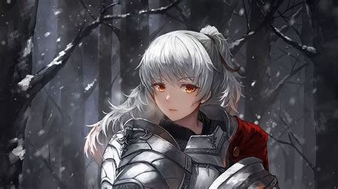 Yellow Eyes White Hair Anime Girl With Warrior Dress Forest Background