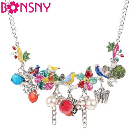 Bonsny Statement Enamel Flower Bird Fruit Tree Choker Necklace Bead