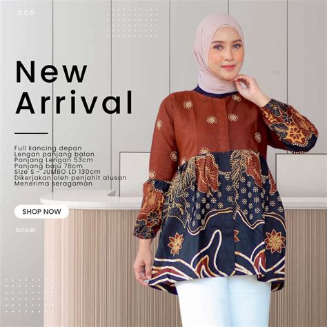 Jual Blouse Batik Wanita Modern Jumbo Kancing Depan Lengan Panjang Puff