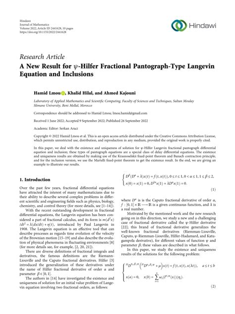 PDF A New Result for ψ Hilfer Fractional Pantograph Type Langevin