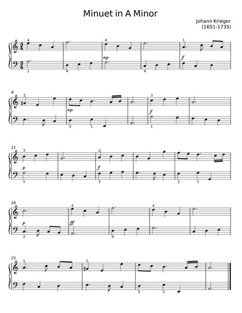 Minuet In A Minor Johann Krieger Sheet Music For Piano Solo Easy