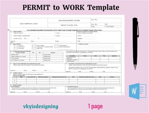 Permit To Work Work Permit Ptw Health Safety Safety Etsy